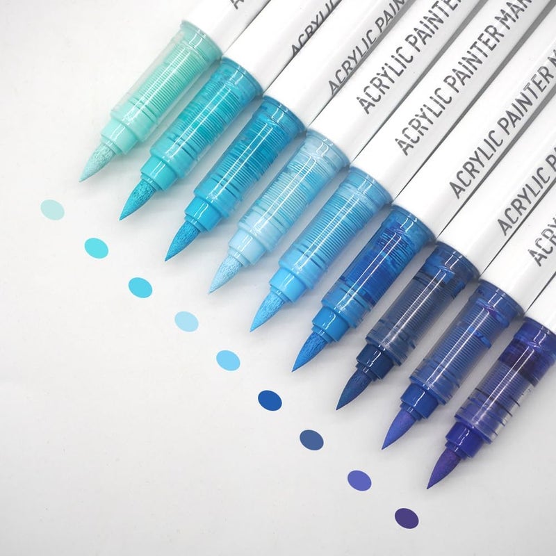 Yolaka Water Based Acrylic Paint Markers Blue, 9 Colors Acrylic Paint Pens Set with Soft Brush Tip, Marker Pen for Rock Painting, Egg, Wood, Glass, Paper, Mugs, Acrylic Painter Ink (Blue Series) - Image 1